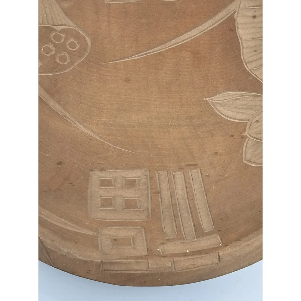 Vintage Chinese Carved Wood Dish 福寿 Fu Shou Longevity Lotus 12